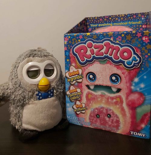 A boxed 'Rizmo' robot (like wtf even is that) and an owl dude who certainly looks very similar to a Furby boom! around the faceplate but definitely isn't.
