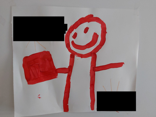 A painting of a red stick figure smiling and holding a red square. I am reliably informed this is mummy getting the mail, although the reality is she is not usually that happy about the mail due to its frequent bill nature.