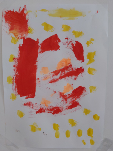 A painting of some red rectangles surrounded by some smaller yellow brushwork. I had this one properly explained to me too but I doubt either of us remembers what it was supposed to be at this point...